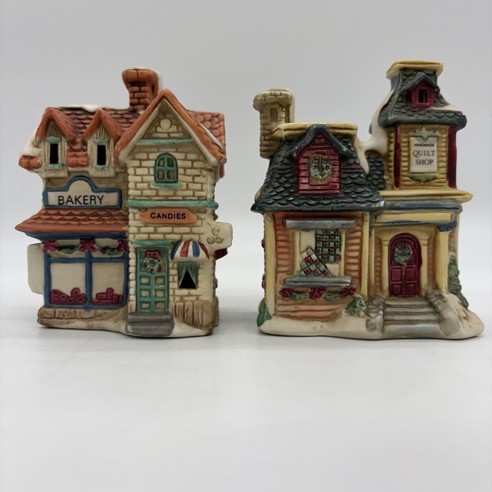 Vintage 1991 Ceramic Christmas Village Bakery/Candy Shop & Quilt Shop LOT of 2